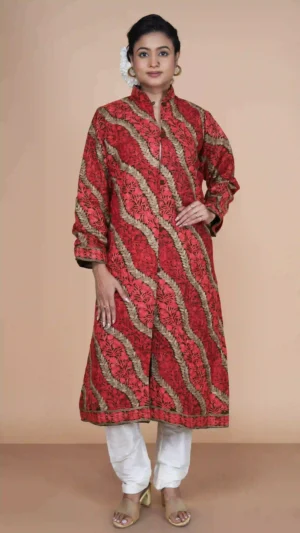 Aurelia Red Woolen Long Jacket with Kashmiri Aari Embroidery | Ethnic Essentials 2026