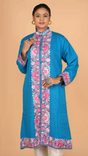Serene Blue Woolen Long Jacket with Kashmiri Aari Embroidery | Ethnic Essentials 2026