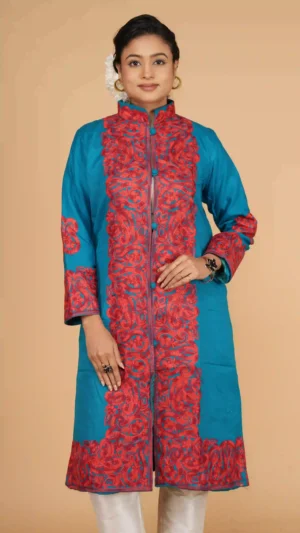 Sky Blue Woolen Long Jacket with Kashmiri Aari Embroidery | Ethnic Essentials 2026
