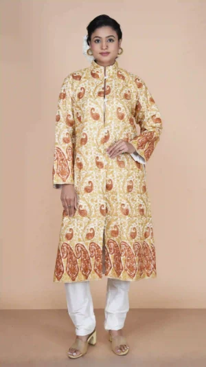 White and Golden Woolen Long Jacket with Kashmiri Aari Embroidery | Ethnic Essentials 2026