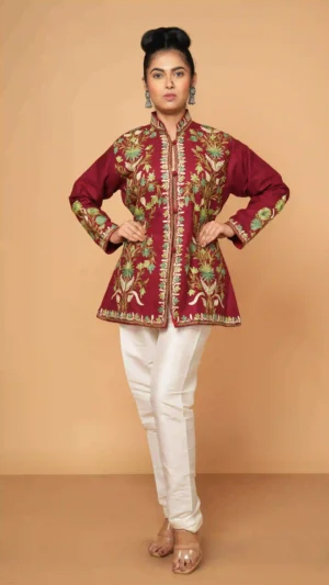 Dark Red Kashmiri Aari Embroidered Woolen Short Jacket | Ethnic Essentials 2026