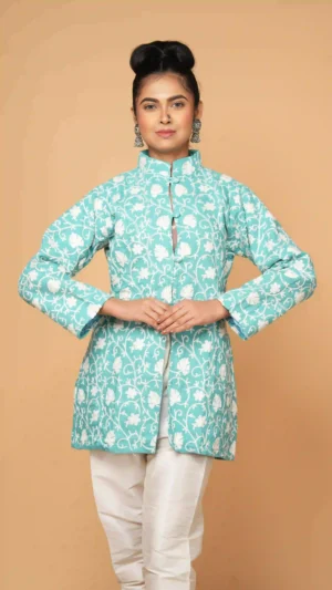 Cyan Blue Kashmiri Aari Embroidered Woolen Short Jacket | Ethnic Essentials 2026