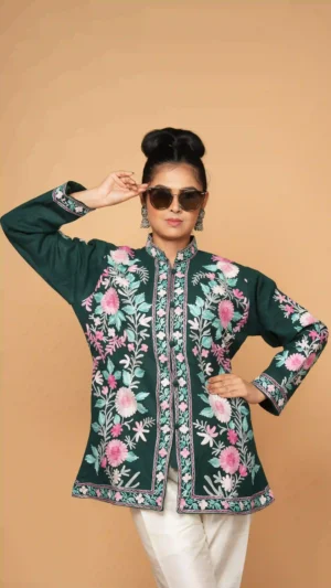 Dark Green Kashmiri Aari Embroidered Woolen Short Jacket | Ethnic Essentials 2026