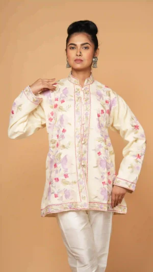 Blooming in White Kashmiri Aari Embroidered Woolen Short Jacket | Ethnic Essentials 2026