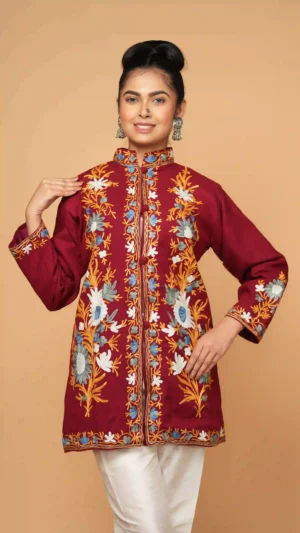 Deep Maroon Kashmiri Aari Embroidered Woolen Short Jacket | Ethnic Essentials 2026