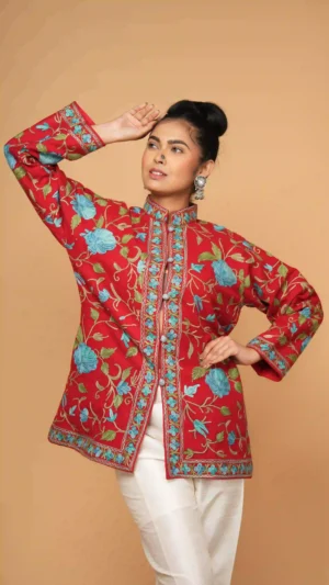 Electric Red Kashmiri Aari Embroidered Woolen Short Jacket | Ethnic Essentials 2026