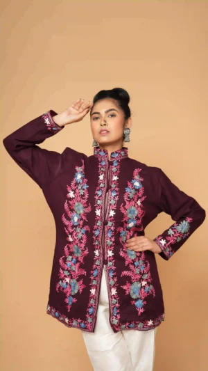 Deep Magenta Kashmiri Aari Embroidered Woolen Short Jacket | Ethnic Essentials 2026