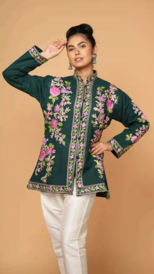 Emerald Green Kashmiri Aari Embroidered Woolen Short Jacket | Ethnic Essentials 2026