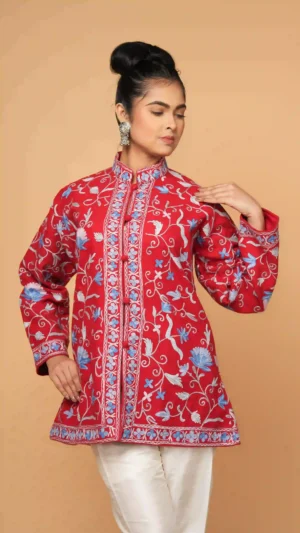 Bright Red Kashmiri Aari Embroidered Woolen Short Jacket | Ethnic Essentials 2026