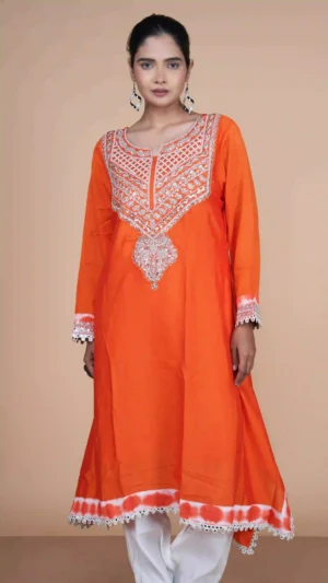 Designer Embroidered Orange Georgette Kurta Set – Size XL