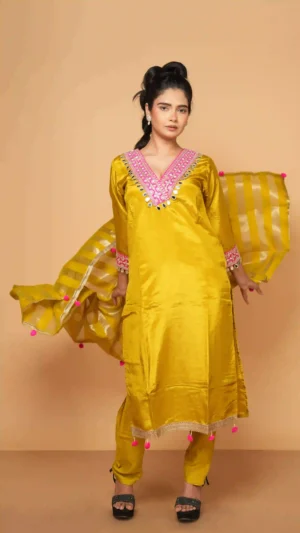 Embroidered Mustard Silk-Blend Kurta with Mirror Work –