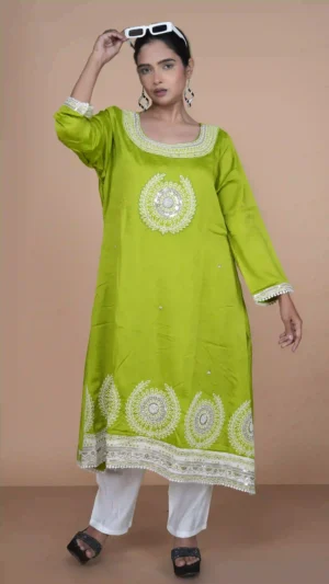 Elegant Lime Green Embroidered A-Line Kurta Set – Size XL