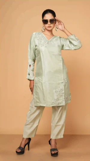 Silver-Grey Embroidered Kurta Set with Star-Motif Beadwork