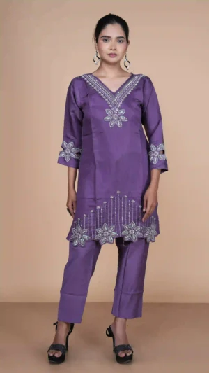 Grape Purple V-Neck Kurta Set with Metallic Leaf Motif Beadwork