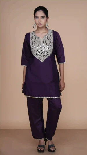 Dark Plum Kurta Set with Ornate Gold Geometric Mirror-Work