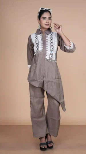Coffee-Brown Collared Kurta Set with Vertical Mirror-Work and Lace Borders
