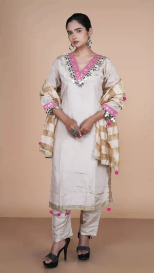 Beige V-Neck Kurta Set with Magenta Floral Embroidery and Mirror Accents