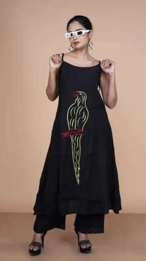 Black Sleeveless A-Line Kurta Set with Embroidered Parrot Motif | Ethnic Essentials 2026