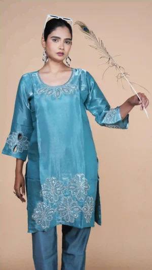 Blue-Grey Kurta Set with Metallic Beadwork and Sequin Leaf Borders