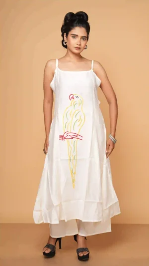 White Sleeveless A-Line Kurta Set with Embroidered Parrot Motif | Ethnic Essentials 2026