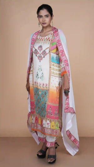 White Printed Kurta Set with Pink and Green Geometric Neckline and Lotus Motifs | Ethnic Essentials 2026