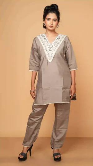 Mauve-Grey Short Kurta Set with V-Neck and Circular Mirror-Work Yoke | Ethnic Essentials 2026
