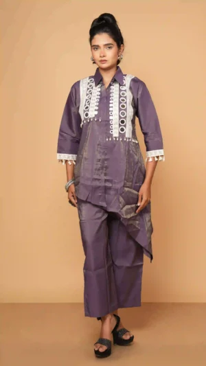 Sophisticated Purple-Grey Collared Asymmetric Kurta Set with Circular Mirror-Work and Lace Borders | Ethnic Essentials 2026