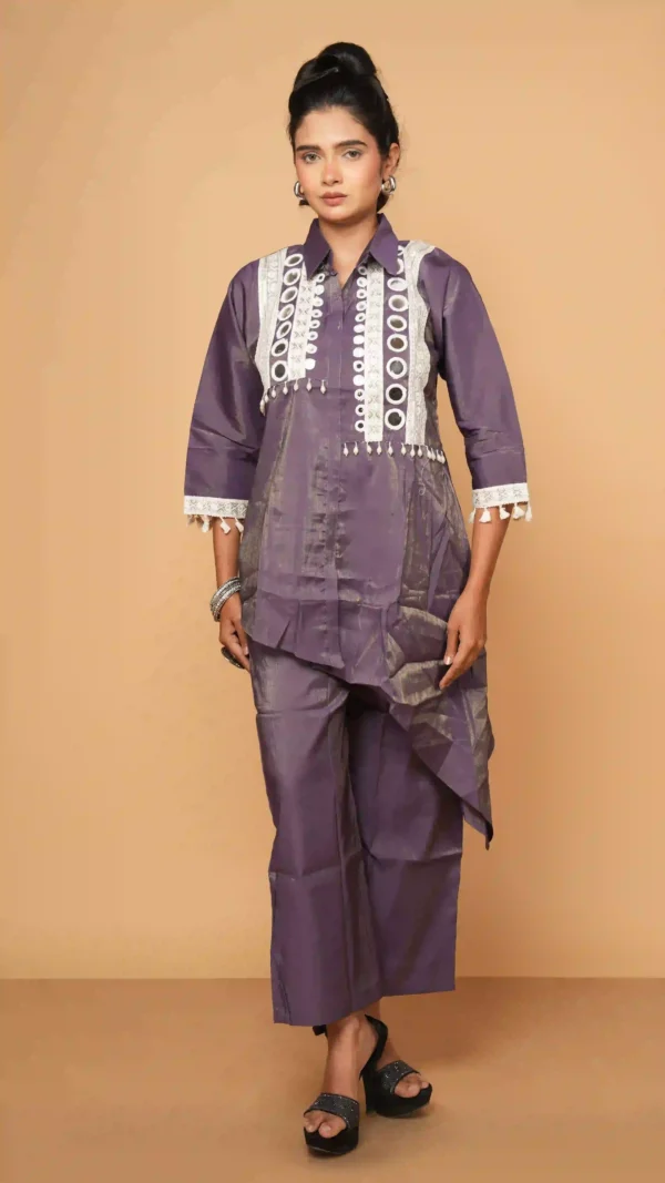 Sophisticated Purple-Grey Collared Asymmetric Kurta Set with Circular Mirror-Work and Lace Borders | Ethnic Essentials 2026