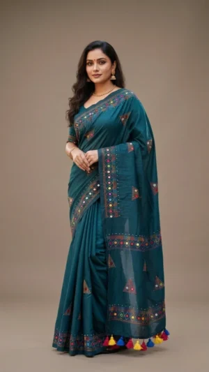 Midnight Blue Khadi Cotton Lambani Saree with Vibrant Embroidery | 2026