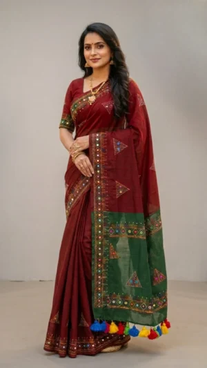 Maroon and Green Khadi Cotton Lambani Saree with Vibrant Embroidery | 2026