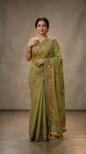 Pastel Green Khadi Cotton Lambani Saree with Vibrant Embroidery | 2026
