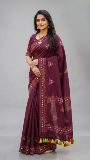 Maroon Khadi Cotton Lambani Saree with Vibrant Embroidery | 2026