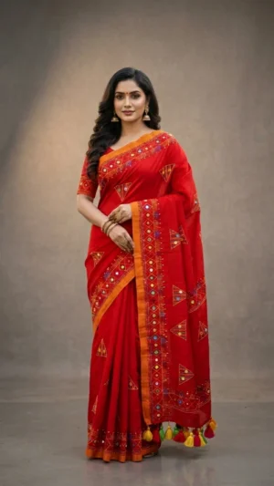 Red Khadi Cotton Lambani Saree with Vibrant Embroidery | 2026