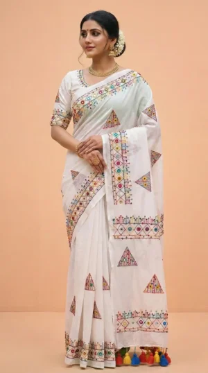 Elegant White Khadi Cotton Lambani Saree with Vibrant Embroidery | 2026