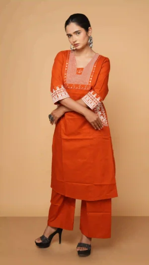 Bright Orange Kurta Set with Concentric Thread-Work and Triangular Mirror Detailing | Ethnic Essentials 2026