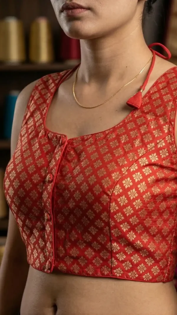 Bright Red Brocade Sleeveless Silk Blouse