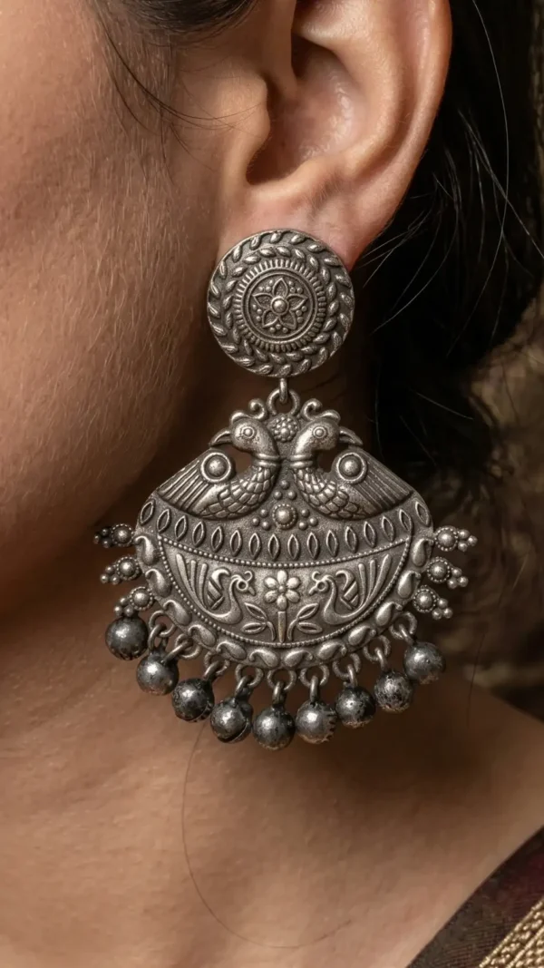 Regal Peacock Oxidised Silver Earrings