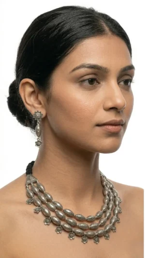 Layered Floral Bead Oxidized Choker Set