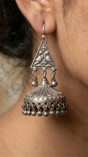 Tribal Triangle Oxidised Silver Jhumka Earrings