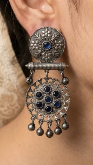 Sapphire Mandala Oxidised Silver Earrings