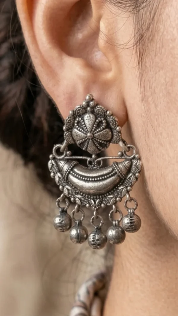 Silver Crescent Oxidised Dangler Earrings