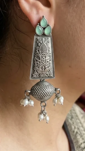 Jade Charm Long Oxidised Earrings