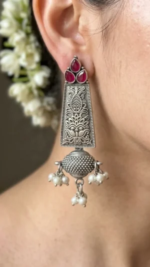 Crimson Charm Long Oxidised Earrings