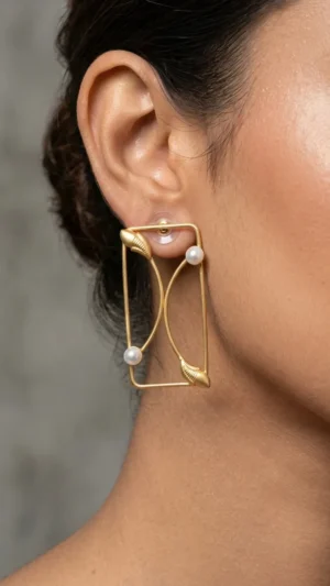 Gold Rectangular Pearl Leaf Earrings