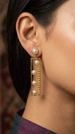 Pearl Gold Rectangular Drop Earrings