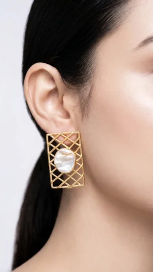 Glimmering Pearl Lattice Gold Earrings