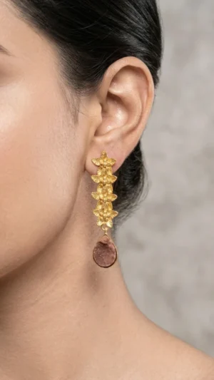 Floral Gold Drop Earrings with Pink Stones
