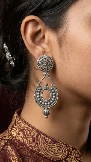 Mesmerizing Mandala Oxidised Silver Drop Earrings