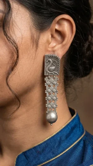 Morpankh Oxidised Silver Drop Earrings