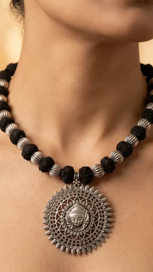 Divine Sunburst Oxidised Silver Necklace